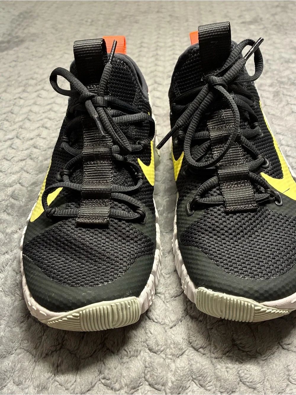 Nike Metcon Black Sneakers with Yellow Swoosh and Orange Heel woman’s size 8.5